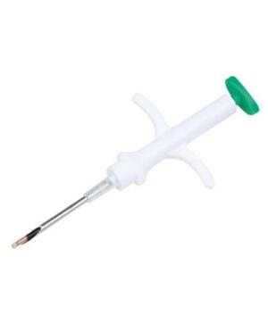 White medical syringe with green plunger isolated on white